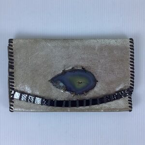 Rebecca Norman Brown Silvered leather Clutch Bag with Agate Stone.